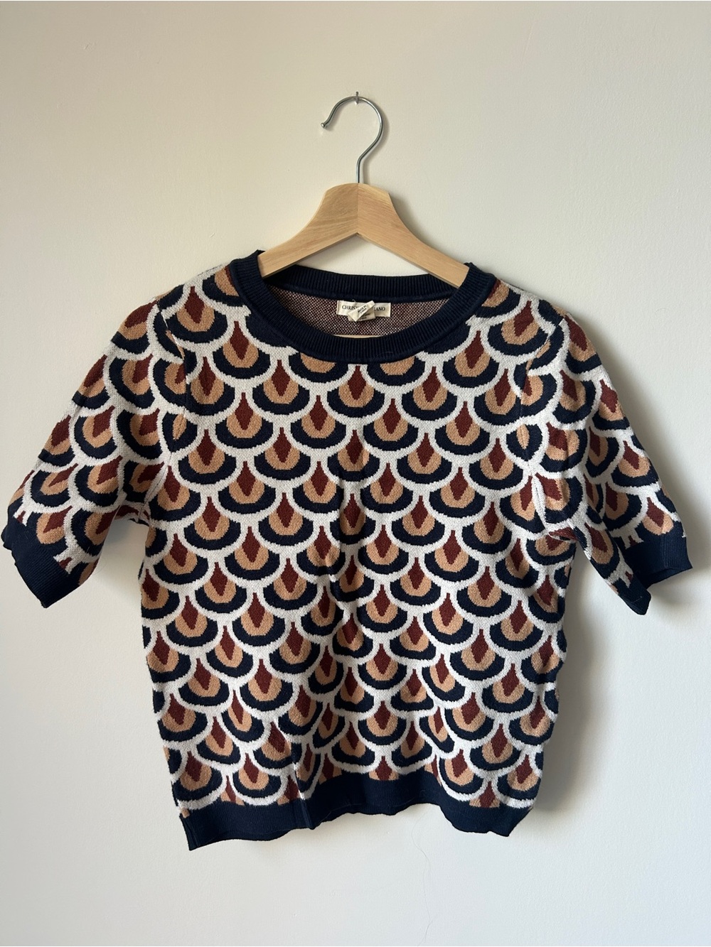 Christian Siriano Navy, Cream & Brown Scallop Knit Crew Sweater